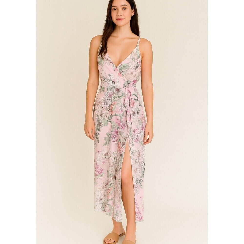 Speechless maxi dress high slit faux wrap top floral print POCKETS back zip SZ S